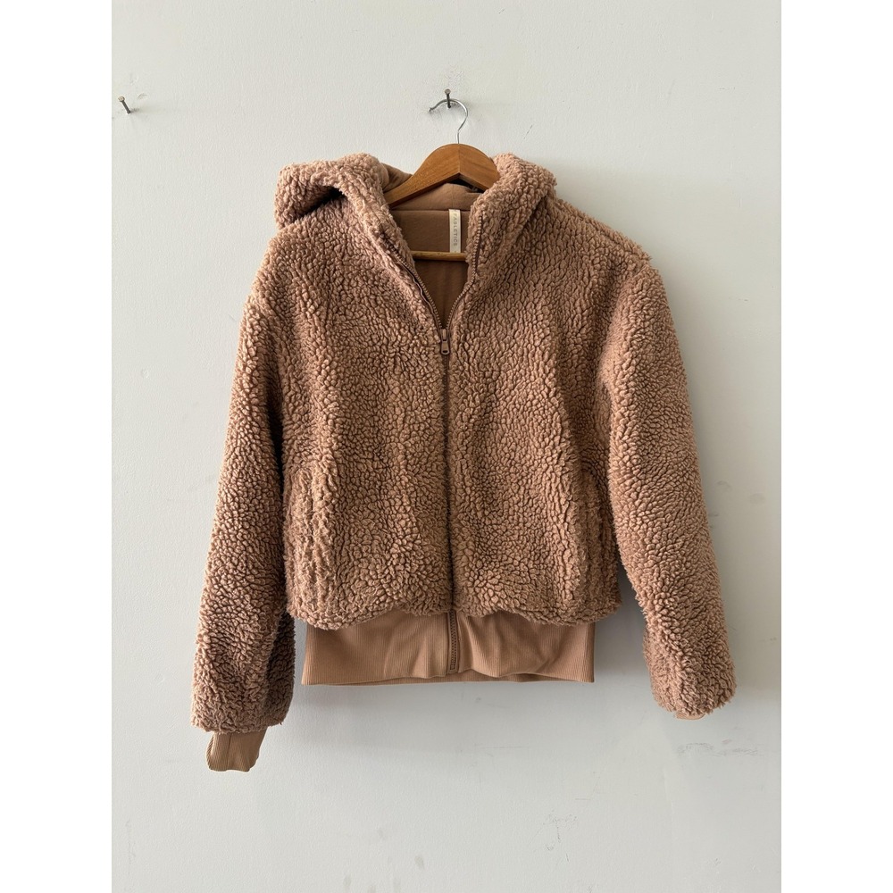 Fabletics Jacket Womens Small Brown Sherpa Fleece Hooded Short Full Zip Lined